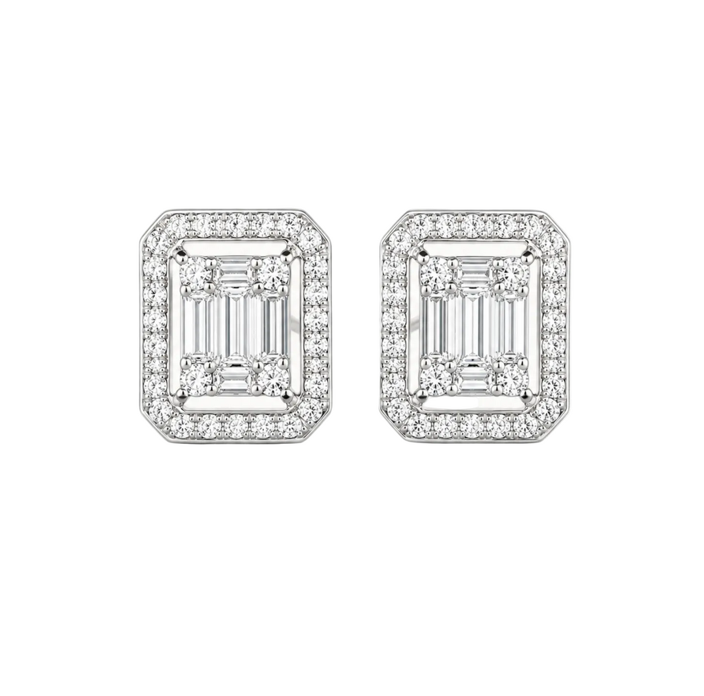 Baguette Diamond Halo Stud Earrings