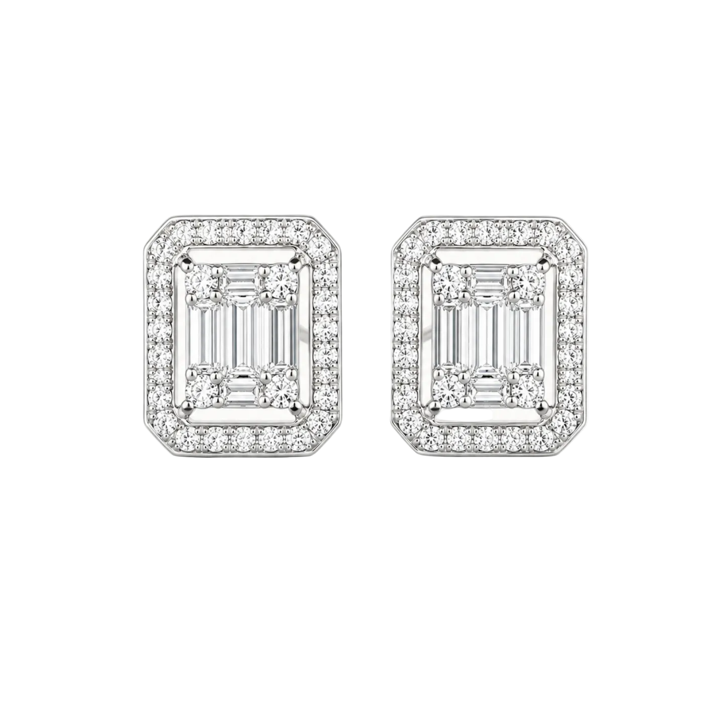 Baguette Diamond Halo Stud Earrings