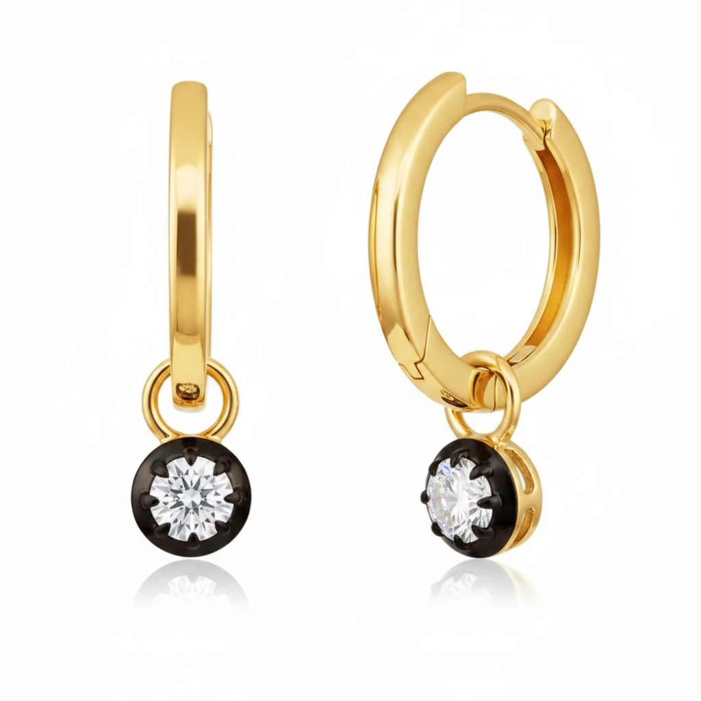 Round Diamond Black Bezel Huggie